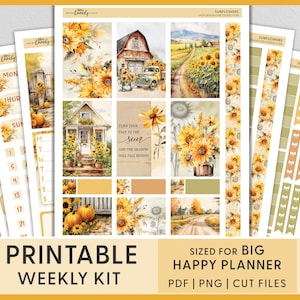 Pegatinas semanales de girasol imprimibles, Big Happy Planner, pegatinas de planificador imprimibles, kit de pegatinas semanales, pegatinas del planificador de otoño, BW210