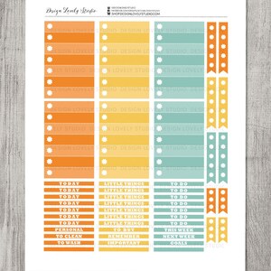 May include: A printable sheet of planner stickers with a retro color scheme. The stickers feature a variety of designs, including checklists, banners, and text boxes. The text on the stickers includes "Today", "Little Things", "To Do", "This Week", "Next Week", "Goals", "Personal", "To Clean", "To Wash", "To Buy", "Remember", and "Important".