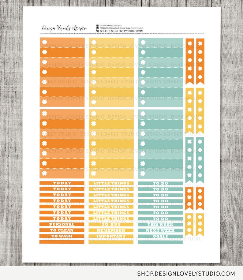 May include: A printable sheet of planner stickers with a retro color scheme. The stickers feature a variety of designs, including checklists, banners, and text boxes. The text on the stickers includes "Today", "Little Things", "To Do", "This Week", "Next Week", "Goals", "Personal", "To Clean", "To Wash", "To Buy", "Remember", and "Important".
