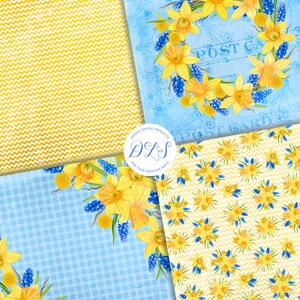 Puede incluir: Un paquete de papel digital con cuatro patrones diferentes que presentan narcisos amarillos y flores azules sobre un fondo a cuadros azul y blanco, un chevron amarillo y un fondo blanco. Los patrones son perfectos para scrapbooking, creaci&oacute;n de tarjetas y otros proyectos de manualidades.