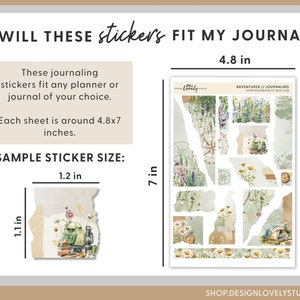 May include: A sheet of journaling stickers with a floral and nature theme. The stickers are designed to fit a 4.8 by 7 inch journal. The stickers are 1.2 inches in size. The text on the sheet reads "Adventurer // Journaling Shop.DesignLovelyStudio.com".