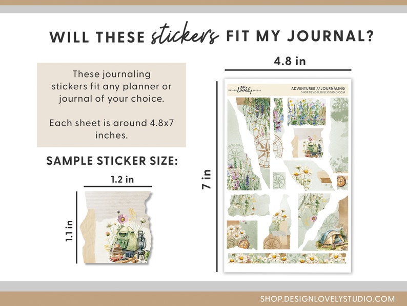 May include: A sheet of journaling stickers with a floral and nature theme. The stickers are designed to fit a 4.8 by 7 inch journal. The stickers are 1.2 inches in size. The text on the sheet reads "Adventurer // Journaling Shop.DesignLovelyStudio.com".
