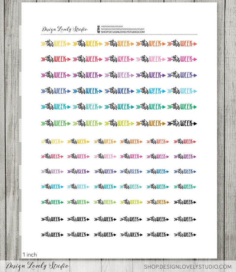 May include: A sheet of 20 colorful "This Week" planner stickers with arrows. Each sticker is approximately 1 inch wide.