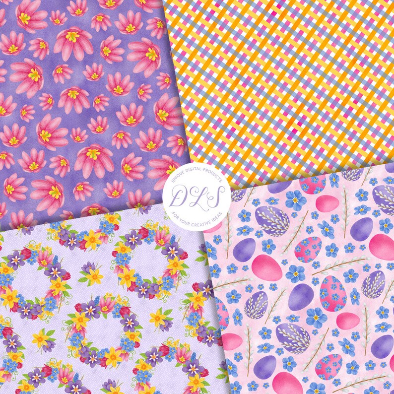 May include: Four digital paper designs featuring Easter themes. The first design has pink flowers on a purple background. The second design has a yellow and pink gingham pattern. The third design has wreaths of flowers on a purple background. The fourth design has pink and purple eggs with flowers on a pink background.