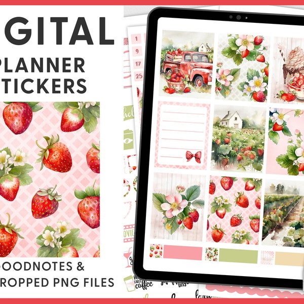 Strawberry Digital Planner Stickers, Goodnotes Stickers, Summer Planner Stickers, Fruit Stickers, Pre-cropped Stickers, Ipad Stickers, DG133