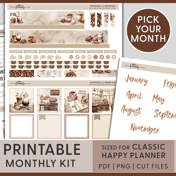 Coffee Lover Monthly Sticker Kit, Coffee Lover Planner Stickers, Coffee Monthly Sticker Kit, Printable Happy Planner Stickers, HPMV243