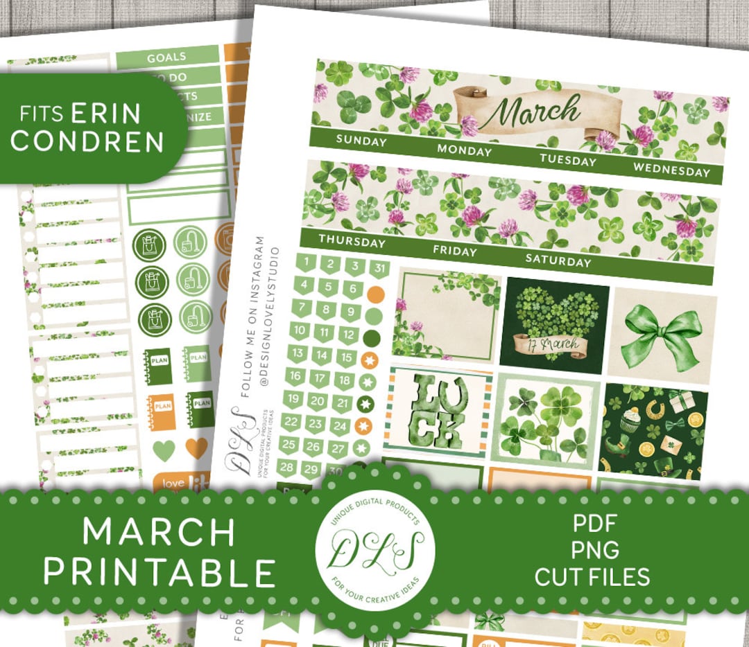 Printable MARCH Monthly Planner Stickers for Erin Condren, St. Patrick's Day Planner Stickers ...