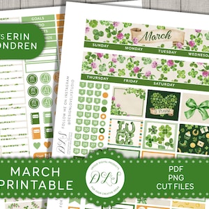 Printable MARCH Monthly Planner Stickers for Erin Condren, St. Patrick's Day Planner Stickers, Silhouette and Cricut Cut Files,  MV184