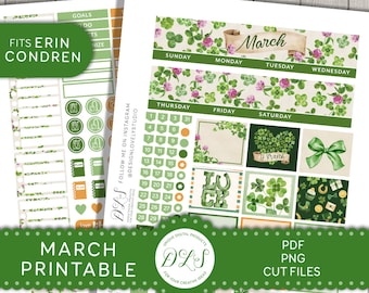 Pegatinas imprimibles del planificador mensual de MARZO para Erin Condren, pegatinas del planificador del día de San Patricio, archivos de corte de silueta y Cricut, MV184