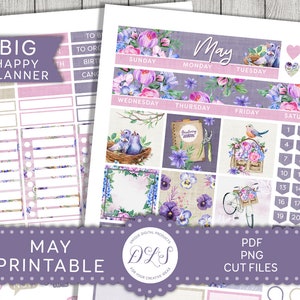 Kit de pegatinas mensuales de MAYO, pegatinas imprimibles de Big Happy Planner, pegatinas del planificador de mayo, pegatinas del planificador floral, archivos cortados, BM190