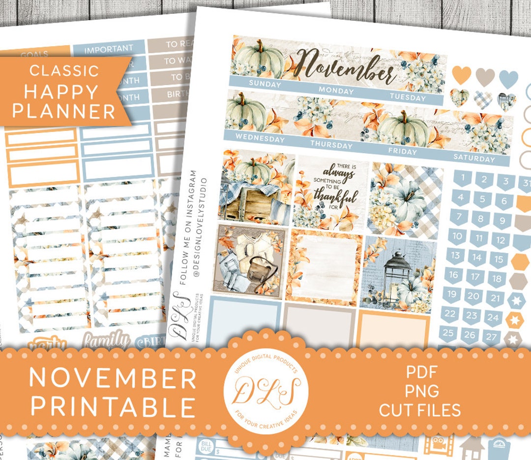 Printable NOVEMBER Monthly Stickers Kit, Happy Planner Monthly Planner ...