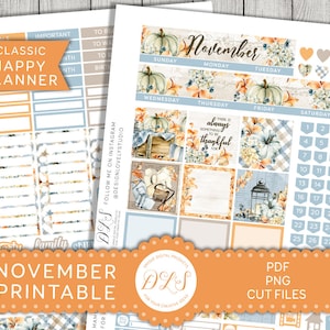 Kit de pegatinas mensuales de NOVIEMBRE imprimible, pegatinas del planificador mensual Happy Planner, kit de pegatinas del planificador de otoño, pegatinas de Acción de Gracias, HPMV179