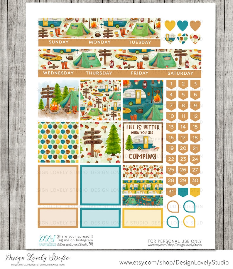Puede incluir: Un conjunto de pegatinas imprimibles para planificadores con tem&aacute;tica de camping. Las pegatinas presentan una variedad de dise&ntilde;os, que incluyen una caravana, una tienda de campa&ntilde;a, una fogata y una escena de bosque. Las pegatinas son perfectas para agregar un toque de fantas&iacute;a a tu planificador.