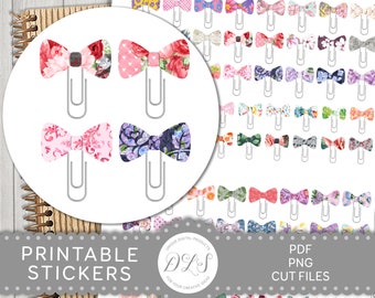 May include: Printable stickers featuring a variety of colorful bow designs with floral patterns. The stickers are designed to be used as paper clip holders. The text "Printable Stickers" and "PDF PNG CUT FILES" is visible on the image.