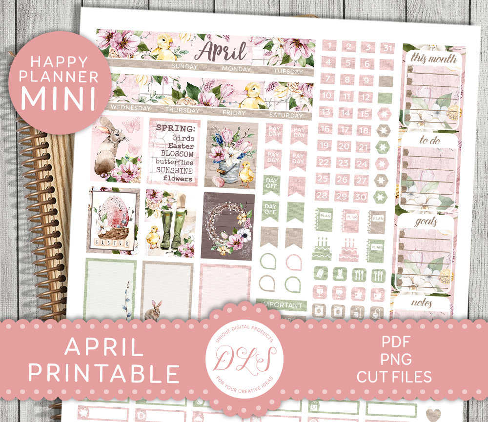 April Planner Stickers Kit, April Printable Stickers, Mini Happy ...