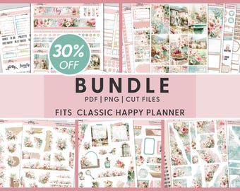 Set di adesivi stampabili a tema castello romantico, settimanali, mensili, per journaling, con motivi floreali per Happy Planner, stile cottagecore primaverile, BH162