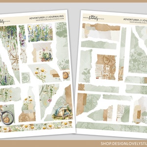 May include: A set of 16 digital planner stickers featuring torn paper edges with floral, compass, and camping illustrations. The stickers are in shades of green, brown, and white. The text "Adventurer // Journaling" is at the top of the image.