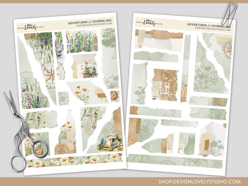 May include: A set of 16 digital planner stickers featuring torn paper edges with floral, compass, and camping illustrations. The stickers are in shades of green, brown, and white. The text "Adventurer // Journaling" is at the top of the image.