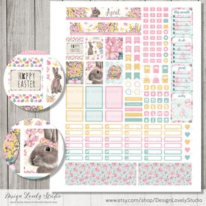 May include: A printable planner sticker set featuring a pastel color scheme with floral and bunny illustrations. The set includes a calendar, to-do list, goals, notes, and various other stickers. The text "Happy Easter" appears on several stickers.