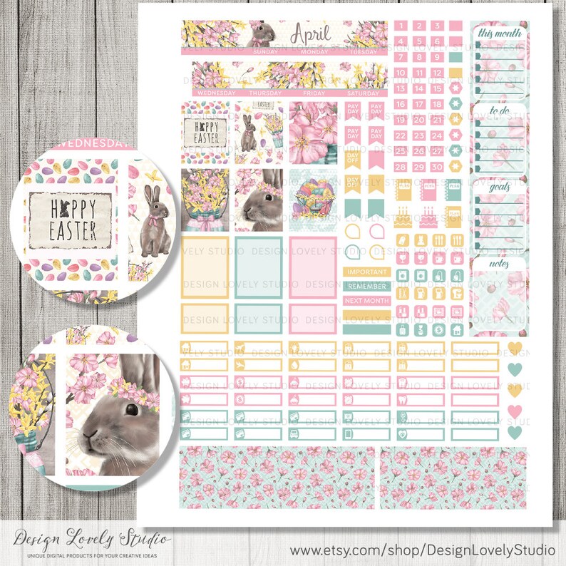 May include: A printable planner sticker set featuring a pastel color scheme with floral and bunny illustrations. The set includes a calendar, to-do list, goals, notes, and various other stickers. The text "Happy Easter" appears on several stickers.