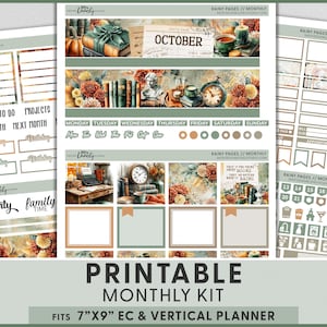 Rainy Pages October Monthly Planner Stickers, Erin Condren Printable Kit, Autumn Rain, Book Lover Theme, Cozy Reading Aesthetic, MV286