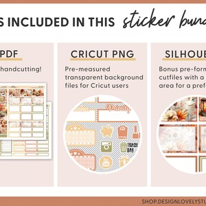 May include: An image showcasing a sticker bundle with PDF, Cricut PNG, and Silhouette file options. The PDF is ideal for handcutting. The Cricut PNG offers pre-measured transparent background files. Silhouette files provide pre-formatted cutfiles.