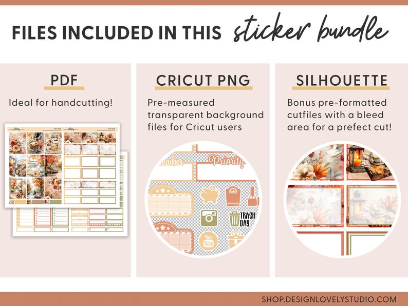 May include: An image showcasing a sticker bundle with PDF, Cricut PNG, and Silhouette file options. The PDF is ideal for handcutting. The Cricut PNG offers pre-measured transparent background files. Silhouette files provide pre-formatted cutfiles.