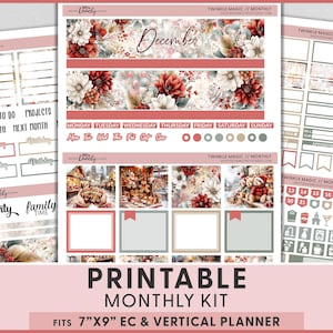 May include: Printable monthly kit for 7"x9" EC and vertical planners. The kit features a December theme with floral designs in red, white, and green. Includes decorative elements, labels, and calendar stickers for planning and organization.