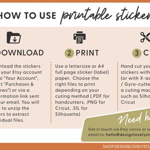 May include: A how-to guide for using printable stickers. The guide includes three steps: download, print, and cut. The guide also includes a contact email address for help.