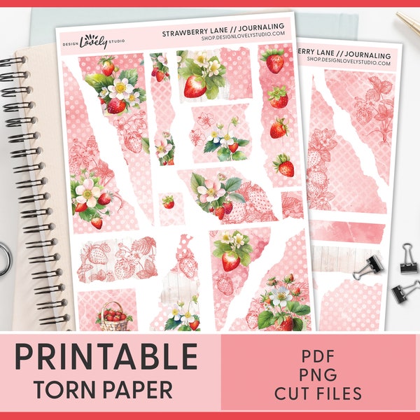 Printable Torn Paper Stickers, Strawberry Stickers, Junk Journal Stickers, Spring Deco Stickers, Planner Stickers, Bullet Journal, JS135