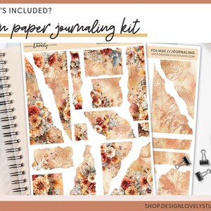 May include: A torn paper journaling kit with floral and foliage designs in warm tones. The kit includes various paper pieces, stickers, and a notebook. The text "WHAT'S INCLUDED? Torn paper journaling kit" is at the top.