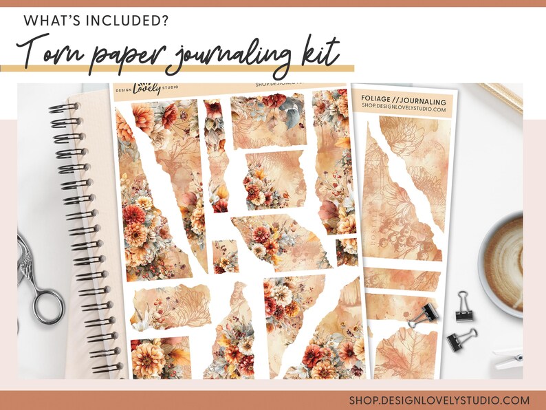 May include: A torn paper journaling kit with floral and foliage designs in warm tones. The kit includes various paper pieces, stickers, and a notebook. The text "WHAT'S INCLUDED? Torn paper journaling kit" is at the top.