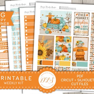 May include: Printable weekly planner kit with a fall theme. The kit includes a variety of stickers featuring pumpkins, scarecrows, sunflowers, and fall-themed text. The stickers are designed to be used with a planner or journal.