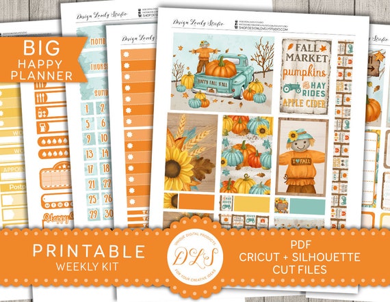 Big Happy Planner Fall Printable, October Planner Stickers, Halloween Planner Kit, Pumpkin Patch, Scarecrow, Fall Market, Cut File, BW102