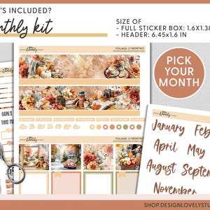 May include: A planner sticker kit with a fall theme. The kit includes decorative stickers, headers, and a sheet of month labels. The full sticker box is 1.6x1.38 inches, and the header is 6.45x1.6 inches. The kit features images of pumpkins and autumn foliage.