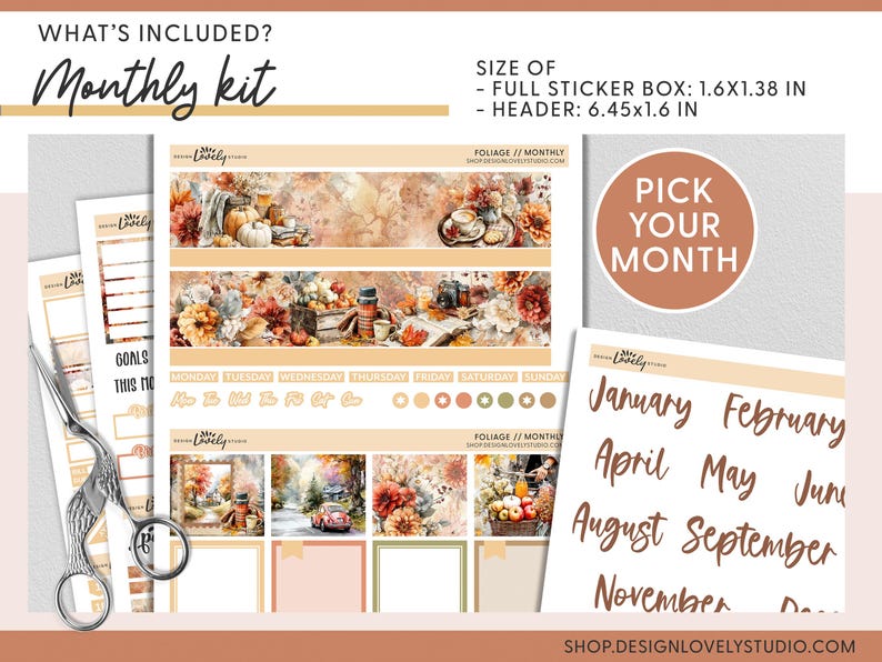 May include: A planner sticker kit with a fall theme. The kit includes decorative stickers, headers, and a sheet of month labels. The full sticker box is 1.6x1.38 inches, and the header is 6.45x1.6 inches. The kit features images of pumpkins and autumn foliage.