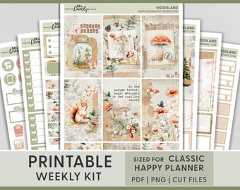Op de afbeelding: Printbare wekelijkse planner stickerset met een bos thema. De stickers bevatten een eekhoorn, paddenstoelen, bladeren en bloemen in tinten bruin, groen en roze. De tekst "In het herfstbos fluisteren de toverspreuken in de ruisende bladeren" is op een van de stickers opgenomen.