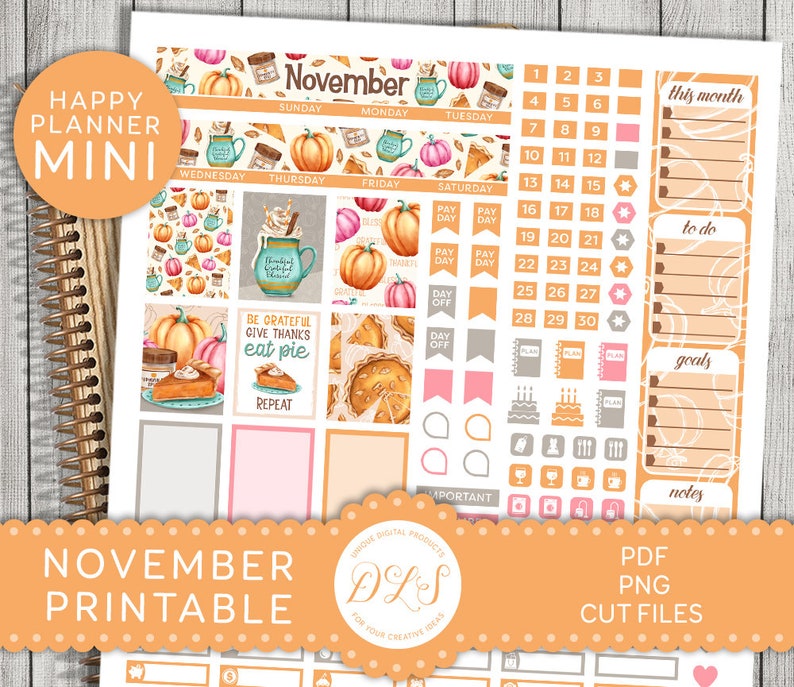 Printable NOVEMBER Monthly Stickers Kit Mini Happy Planner - Etsy