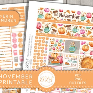 Kit mensal para impressão de NOVEMBRO, para Erin Condren Life Planner, adesivos de planejador de ação de graças, adesivos de planejador de torta de abóbora, arquivos cortados, MV171