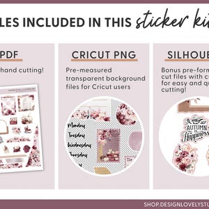 May include: A digital sticker kit with a fall theme. The kit includes a PDF file for hand cutting, a Cricut PNG file with a transparent background, and a Silhouette file with pre-formatted cut lines. The stickers feature a floral design with the text "Autumn is Happiness".