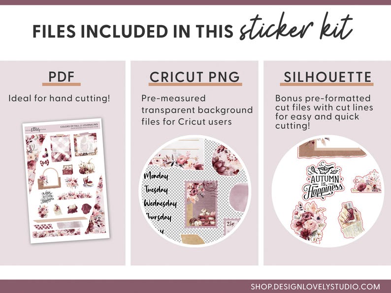 May include: A digital sticker kit with a fall theme. The kit includes a PDF file for hand cutting, a Cricut PNG file with a transparent background, and a Silhouette file with pre-formatted cut lines. The stickers feature a floral design with the text "Autumn is Happiness".
