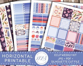 Printable HORIZONTAL Planner Stickers Erin Condren Kit  Summer Stickers Flower Feathers Lanterns Silhouette Cut File Weekly Kit HS106