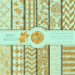 Gold Foil Digital Paper Pack: &quot;Mint & Gold&quot; Seamless Pattern Mint Chevron Damask Floral Script Lace Gold Mint Bridal Shower Wedding DP105