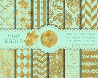 Gold Foil Digital Paper Pack: "Mint & Gold" Seamless Pattern Mint Chevron Damask Floral Script Lace Gold Mint Bridal Shower Wedding DP105