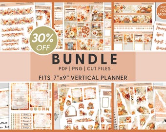 Könnte beinhalten: Ein digitales Planer-Sticker-Paket mit Herbstthema. Die Sticker zeigen verschiedene herbstliche Designs, darunter Kürbisse, Blätter und Blumen. Die Sticker sind für einen vertikalen Planer im Format 17,8 cm x 22,9 cm konzipiert. Der Text "30% OFF BUNDLE" wird oben im Bild in großer Schrift angezeigt. Der Text "PDF | PNG | CUT FILES" wird unter dem Bundle-Text angezeigt. Der Text "FITS 7"x9" VERTICAL PLANNER" wird unter dem Dateityp-Text angezeigt. Der Text "PICK YOUR MONTH" wird in der oberen rechten Ecke des Bildes angezeigt. Der Text "January, February, April, May, August, September, November" wird in einer Spalte unter dem Text "PICK YOUR MONTH" angezeigt.