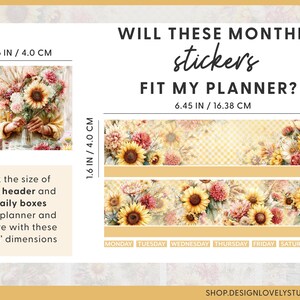 May include: Image shows planner stickers with floral designs, including sunflowers. Dimensions are provided in inches and centimeters. The text asks if the stickers will fit a planner and includes a website address.