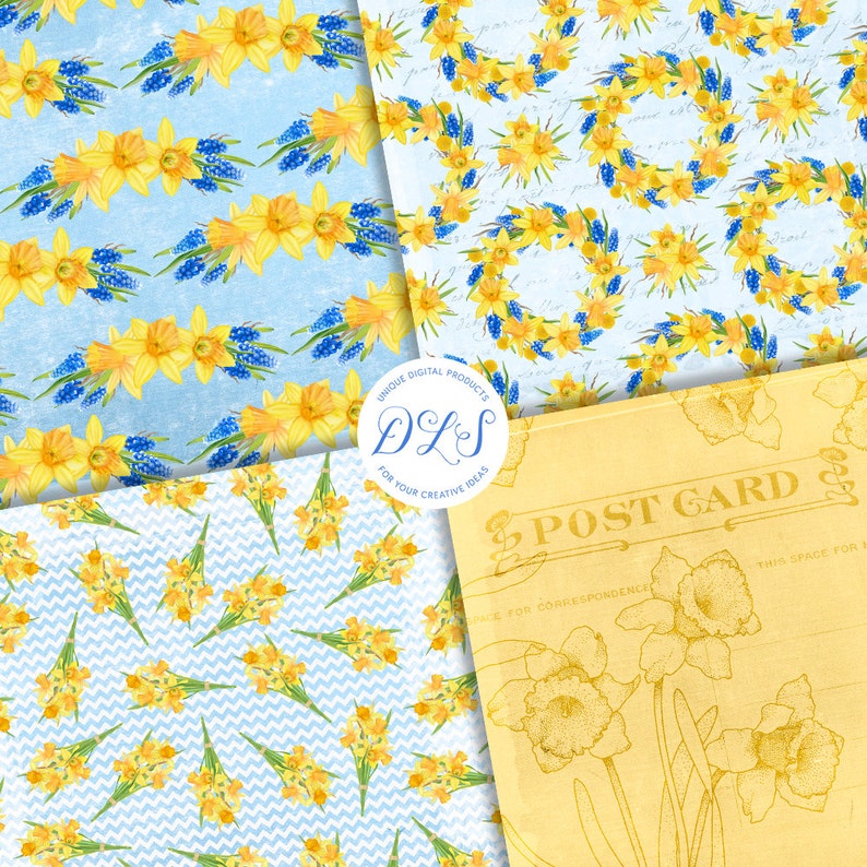 Puede incluir: Cuatro dise&ntilde;os de papel digital con narcisos amarillos y jacintos de uva azules sobre un fondo azul y blanco. Los dise&ntilde;os incluyen una corona floral, un patr&oacute;n de chevron y una postal vintage.