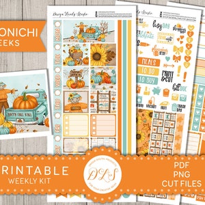 May include: Printable weekly planner stickers with an autumn theme. The stickers feature a scarecrow, pumpkins, sunflowers, and the text "Happy Fall Y'all".