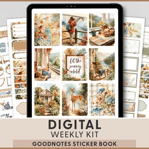 May include: A digital weekly sticker kit displayed on a tablet screen, featuring nine rectangular panels with nature-themed illustrations, including a person, a deer, a house, and the text Let the journey unfold, surrounded by various functional planner stickers.