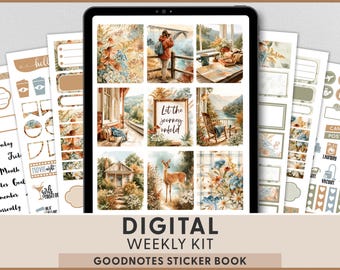 Fall Mountain Digital Planner Stickers, GoodNotes iPad Weekly Kit, Hiking Adventure, Cozy Cabin, DG209